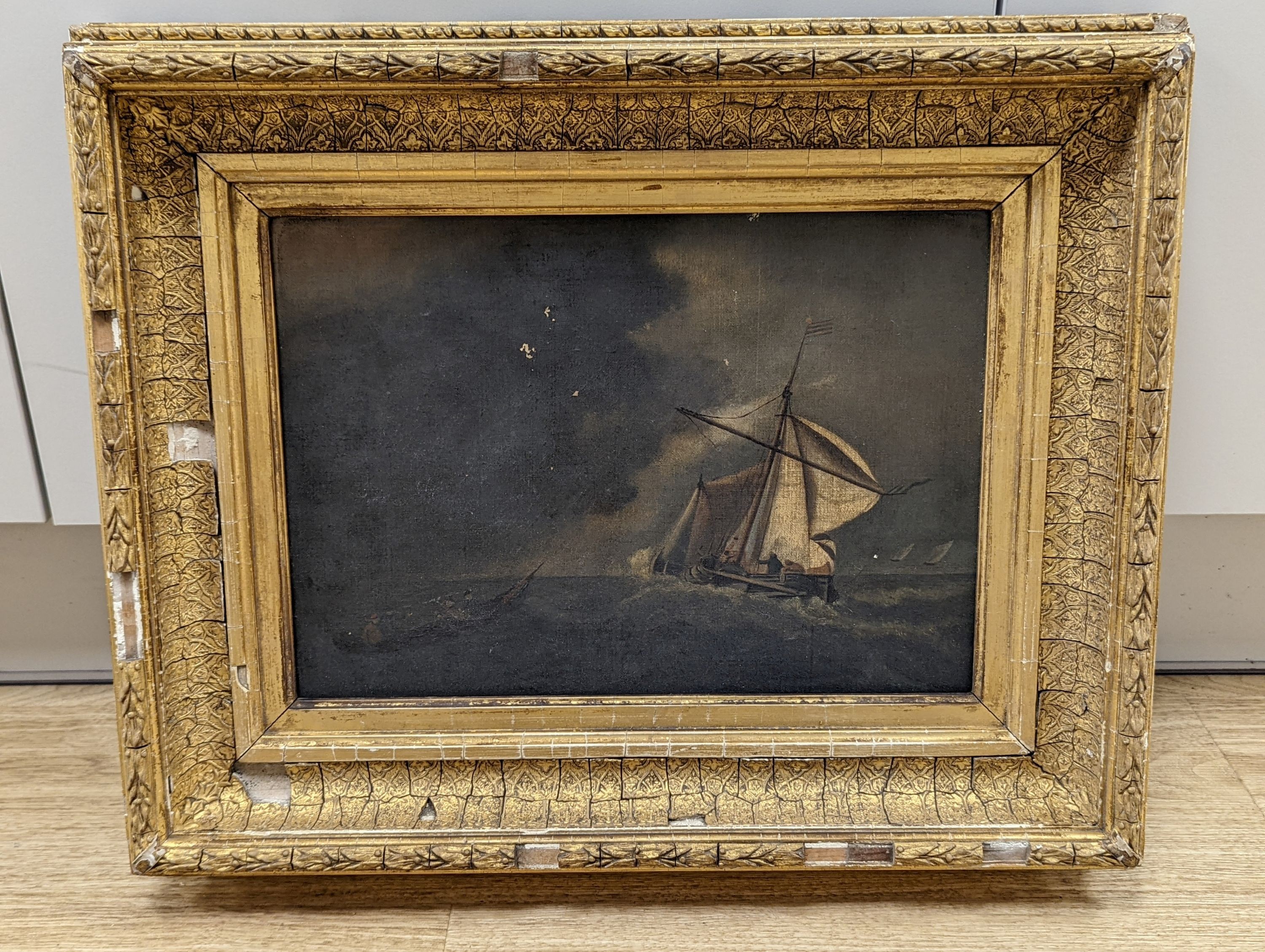 19th century English School, oil on canvas, Fishing boats off the coast, 24 x 34cm